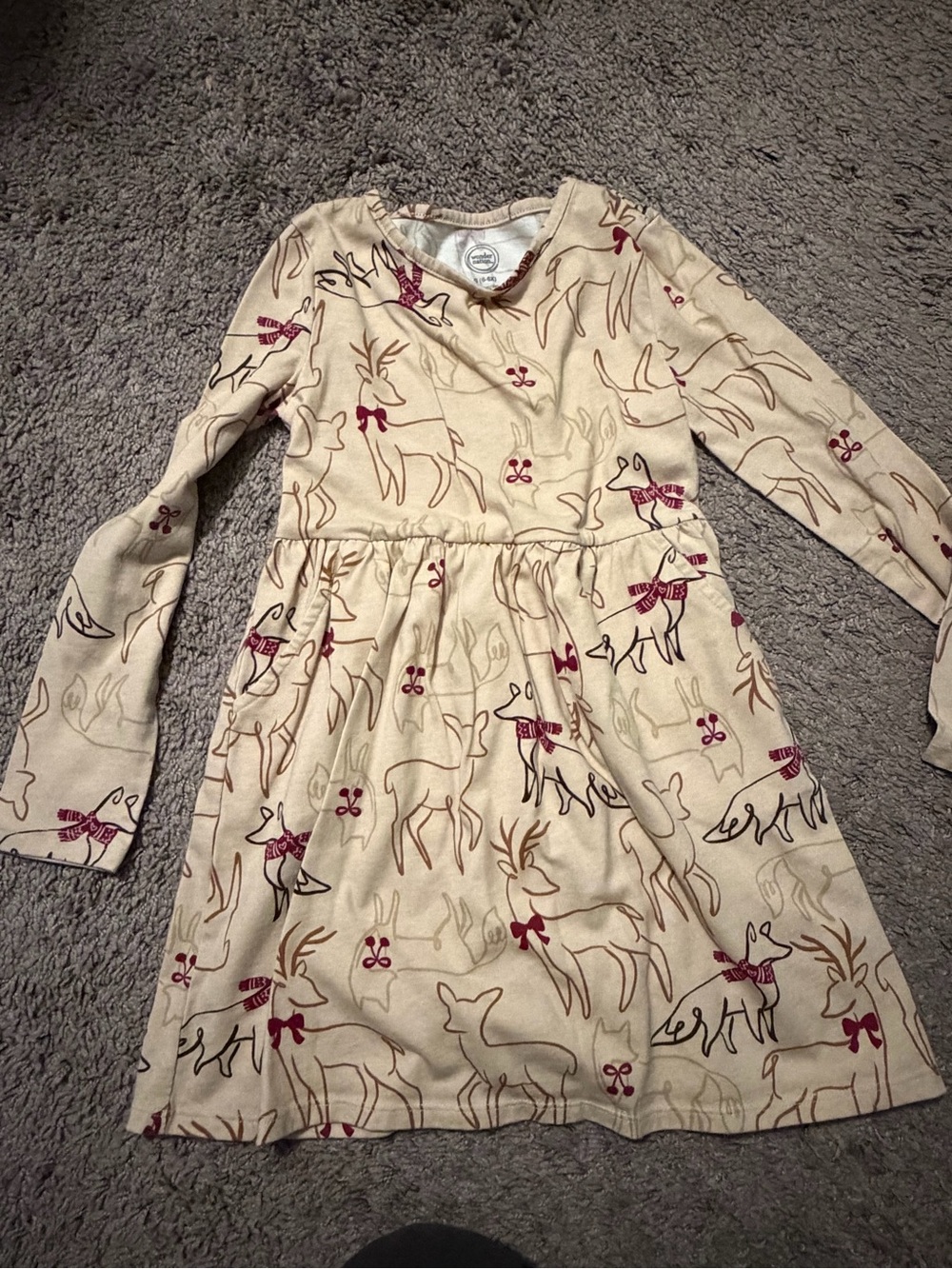 wonder nation Cream Long-Sleeve Deer Print Dress with Red Accents